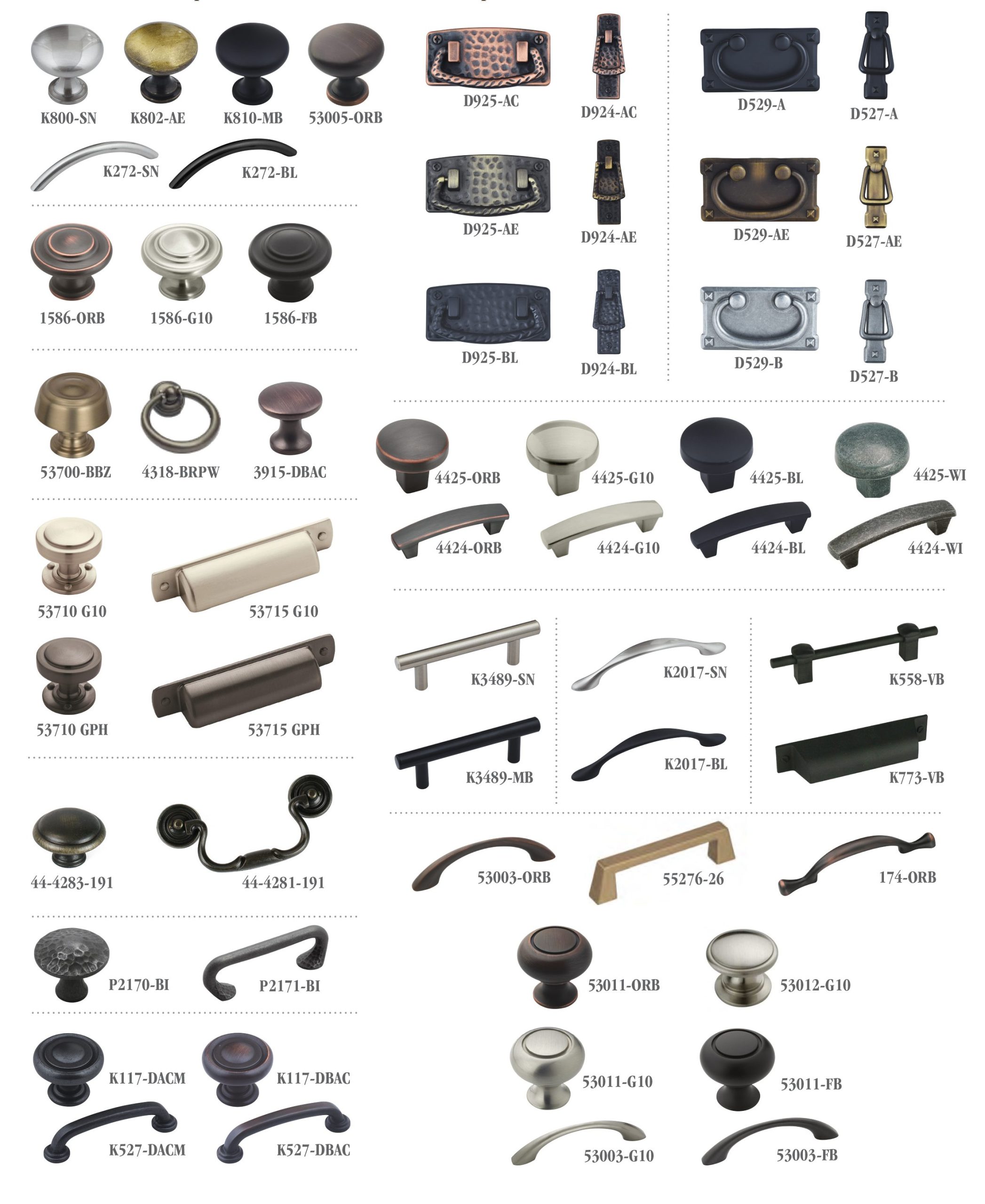 Hardware options page displaying popular cabinet nobs and handles.