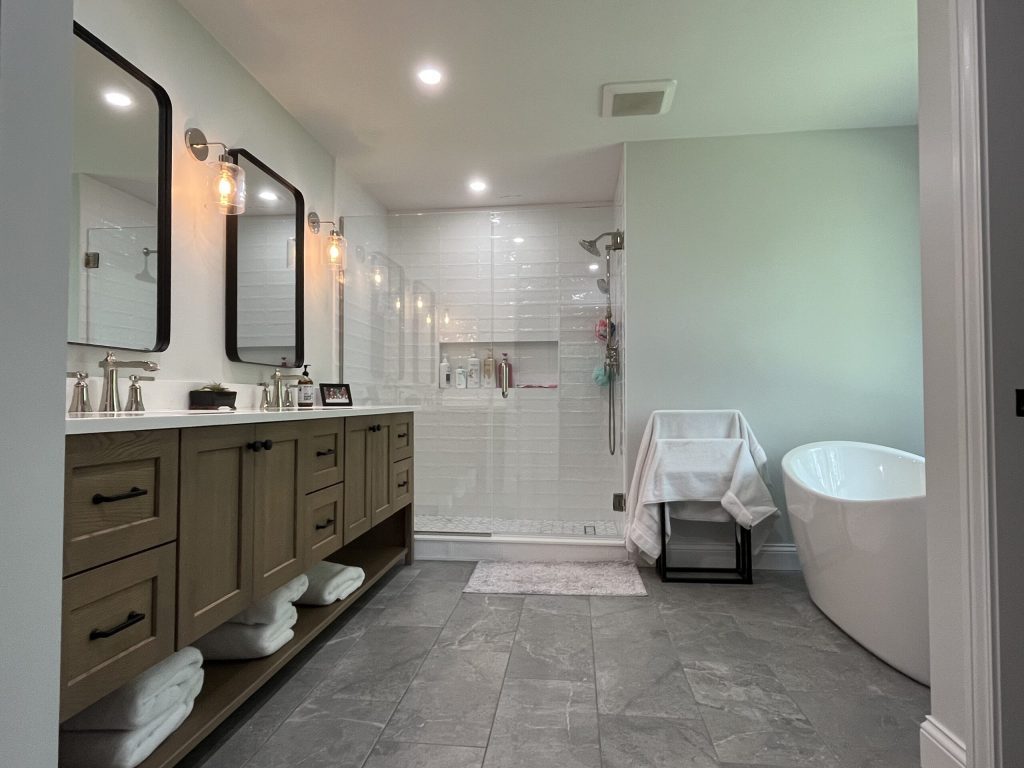 Bathroom Remodel with beautiful wooden cabinets