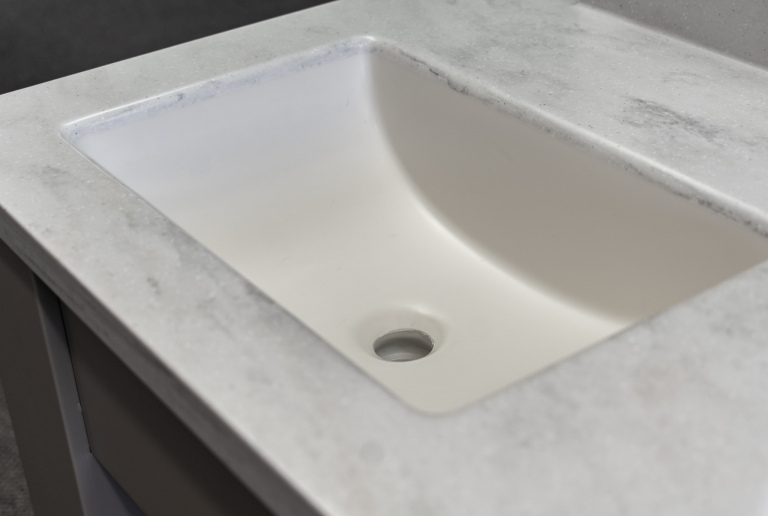 Solid surface countertop installed on a bathroom vanity