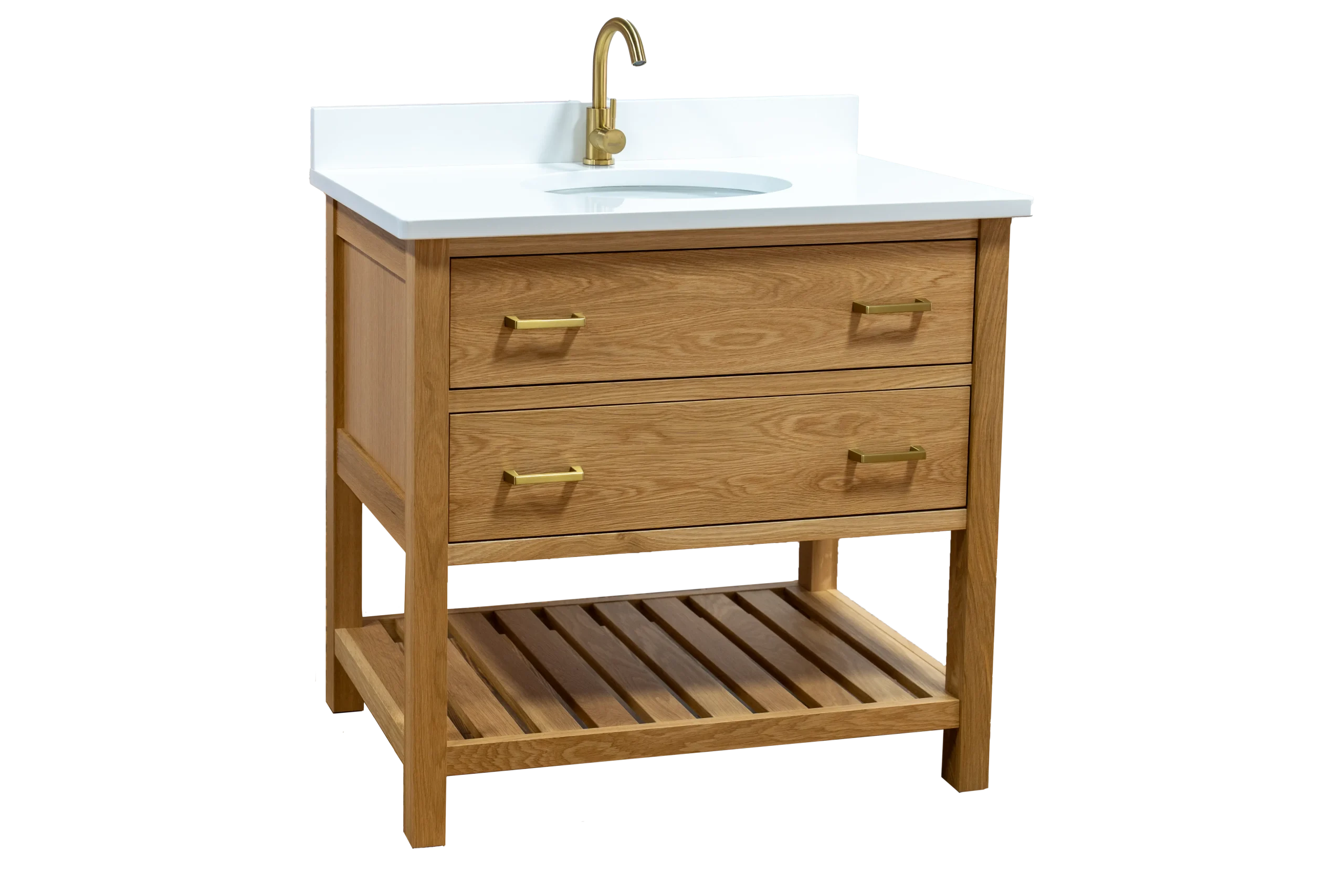 Stained bathroom vanity with elegant counter top and brass faucet & drawer handles.